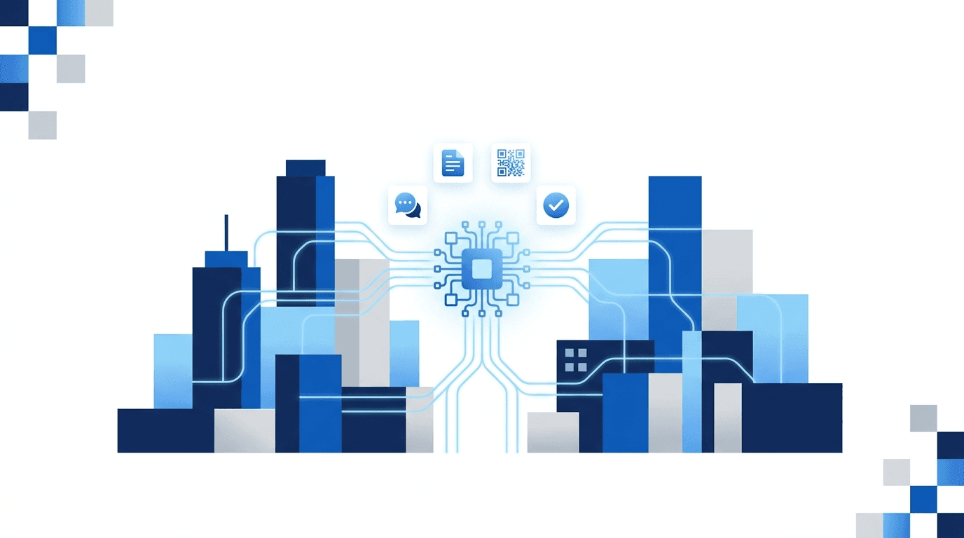 Illustration of a connected city skyline powered by a central microchip, with icons for messaging, documents, QR verification, and approval — representing Diginexa GovTech platforms